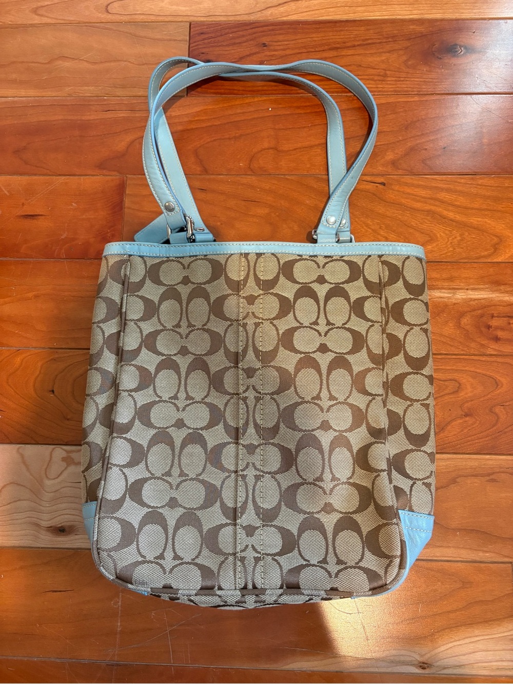 Coach Signature Hamptons Lunch Tote Blue Leather Trim - Picture 5 of 10